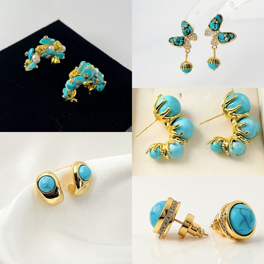 Mid-Period Natural Blue Turquoise Style Zircon Stud Earrings